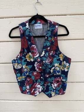 Vintage Rockmount Ranch Wear Hand-Painted Floral Denim Vest Custom Fitted USA